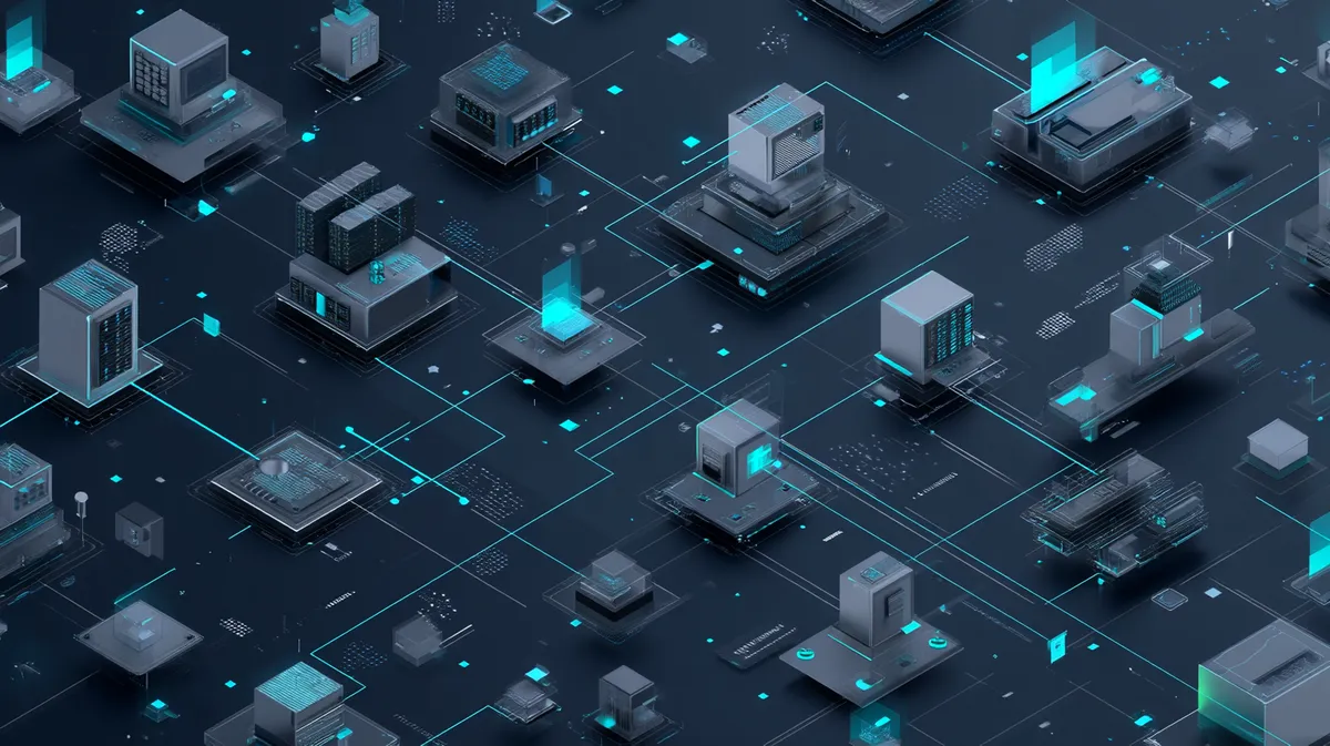 Abstract isometric network illustration representing a connected technology knowledge base