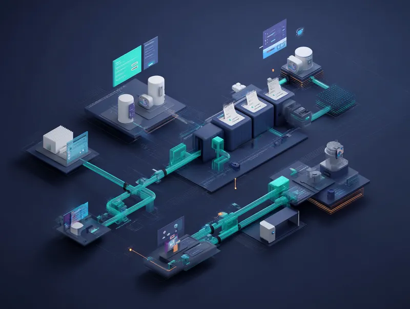 Isometric illustration of an AI processing pipeline with documents, neural network, and automated outputs