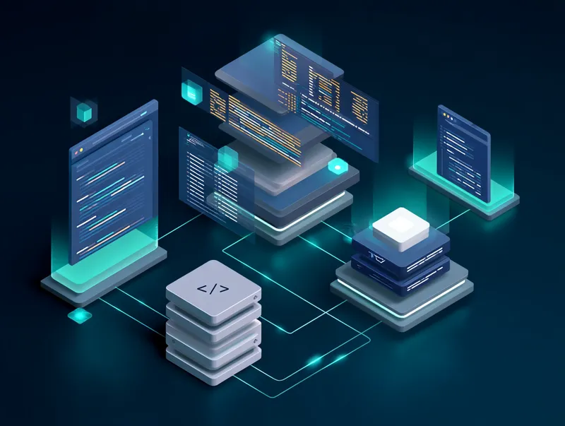 Isometric illustration of a layered software architecture with code editors, APIs, and database components